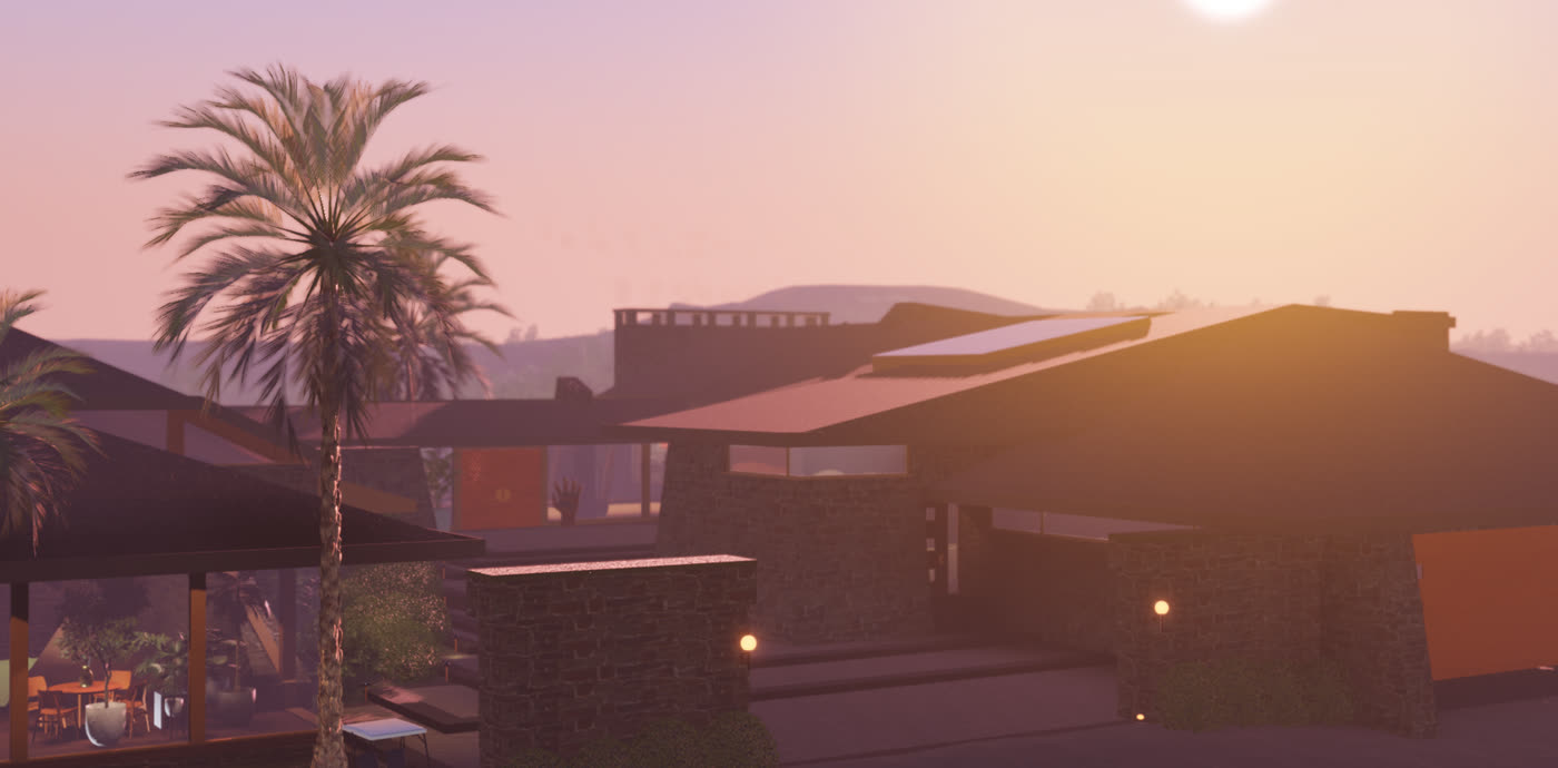 The Caribbean Island Luxury Home map: a modern stone house and palm trees at sunset
