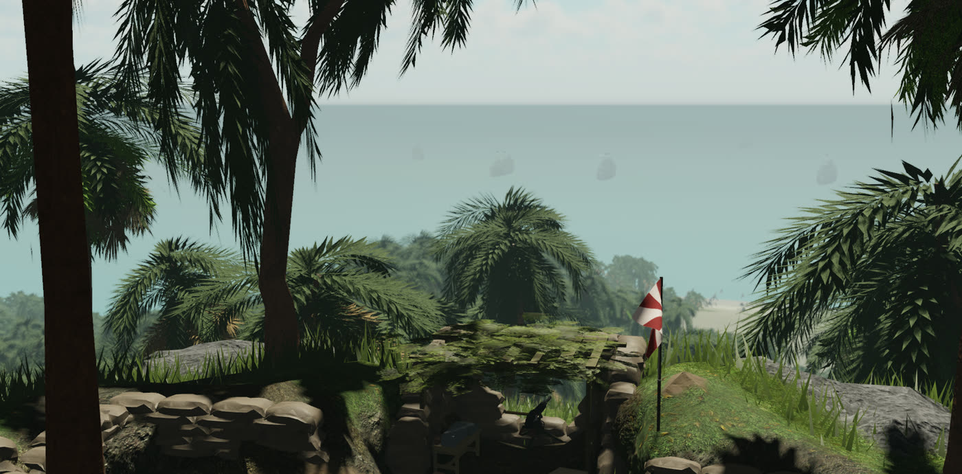 The Battle of Guam map: dense jungle and palm trees on a cliff over the sea, with a flag in the trees