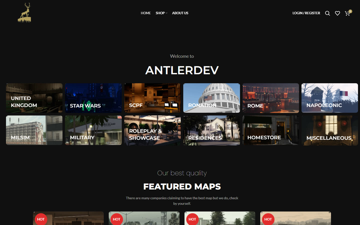 The Antler Dev shop homepage: 'Welcome to Antlerdev' above tiles for each map style, from United Kingdom and SCPF to Napoleonic and Milsim, then the featured maps