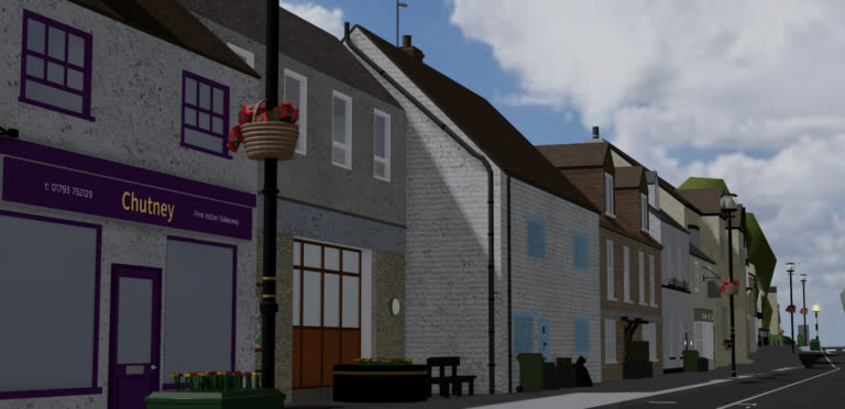 The Welford England map: a street of English shopfronts and cottages with hanging flower baskets