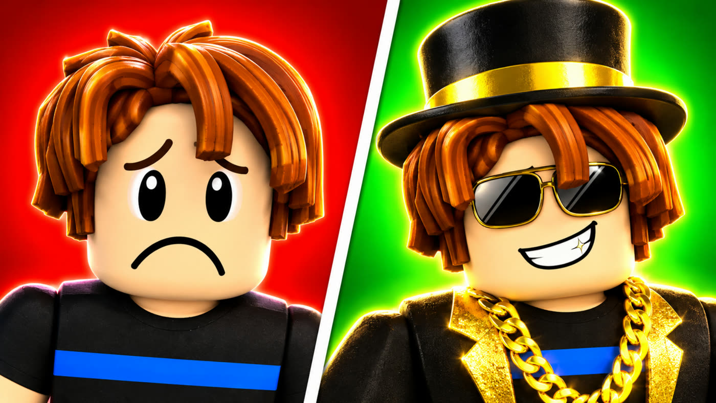Ad: a sad broke face next to a rich face in a top hat and gold chain