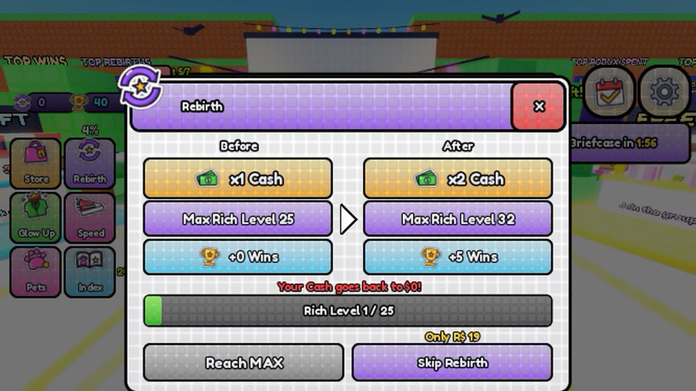 The Rebirth window comparing before and after: x1 to x2 Cash, max Rich Level 25 to 32, +0 to +5 Wins