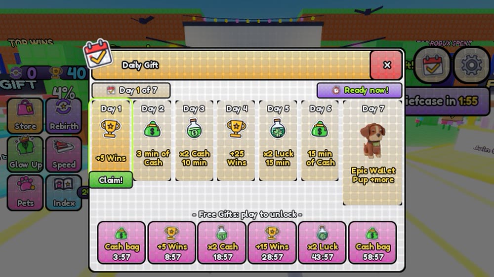The Daily Gift window with a seven-day streak and timed free gifts underneath