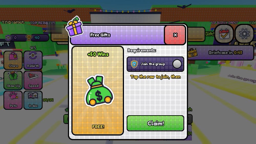 The Free Gifts window: +50 Wins for joining the group, with a Claim button