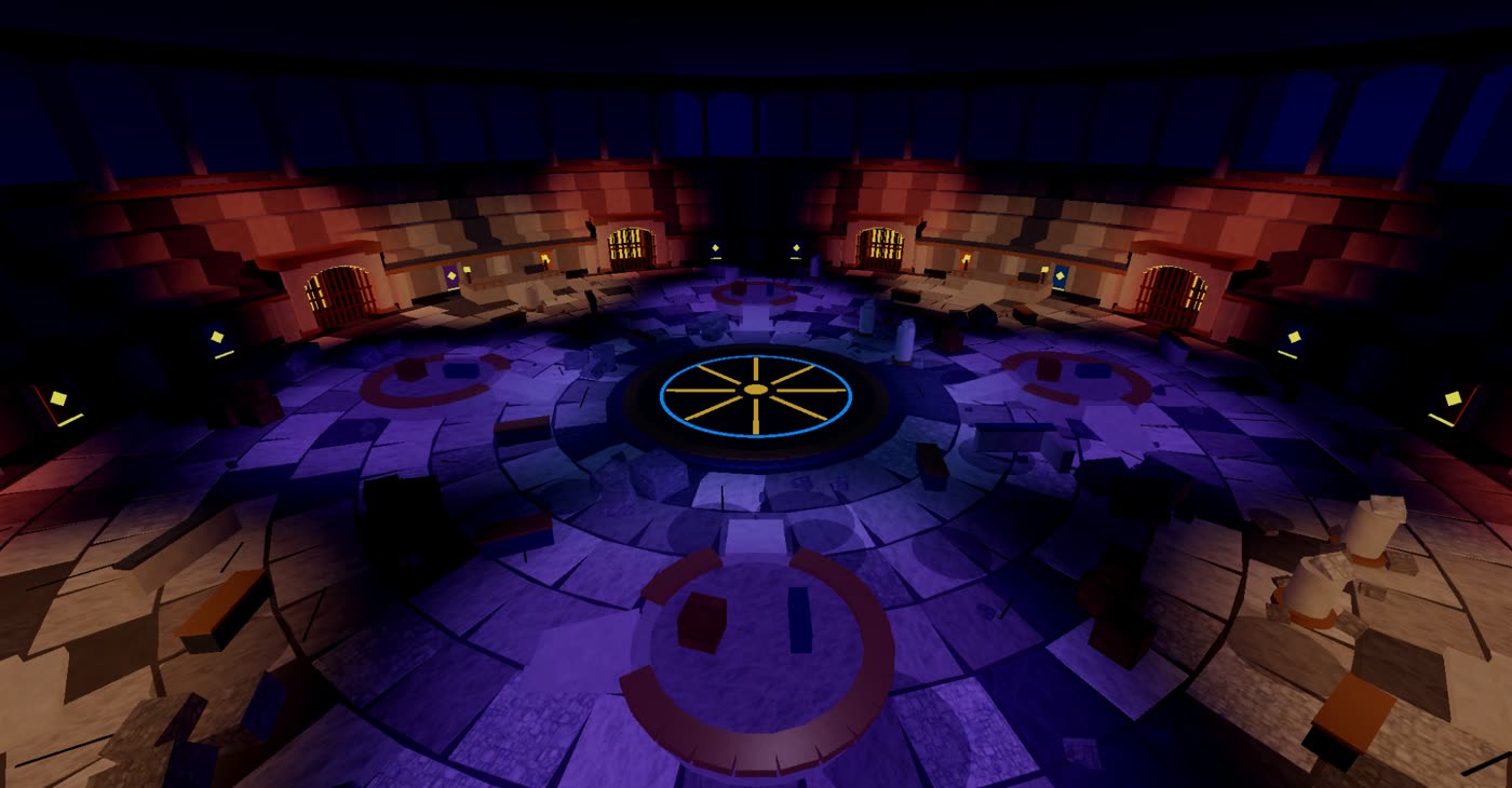Wide view of the moonlit colosseum arena from the stands, with the glowing centre pad