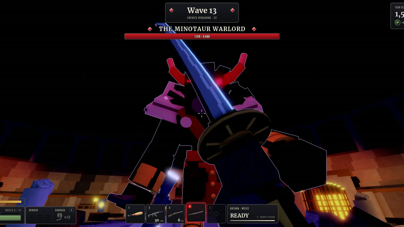 First-person view swinging a katana at the Minotaur Warlord, with its boss bar at the top of the screen
