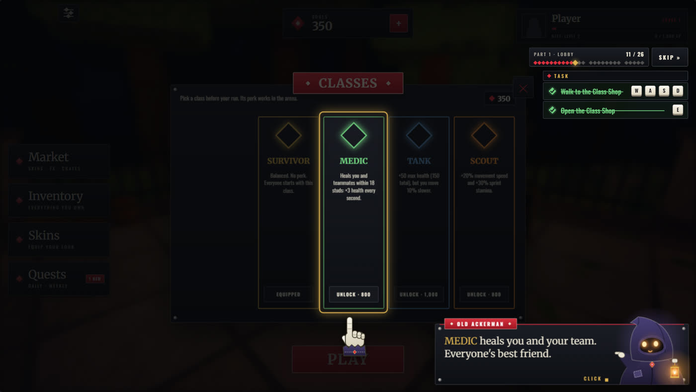 The Classes menu with the Medic card spotlighted and a task list showing the Class Shop steps ticked off