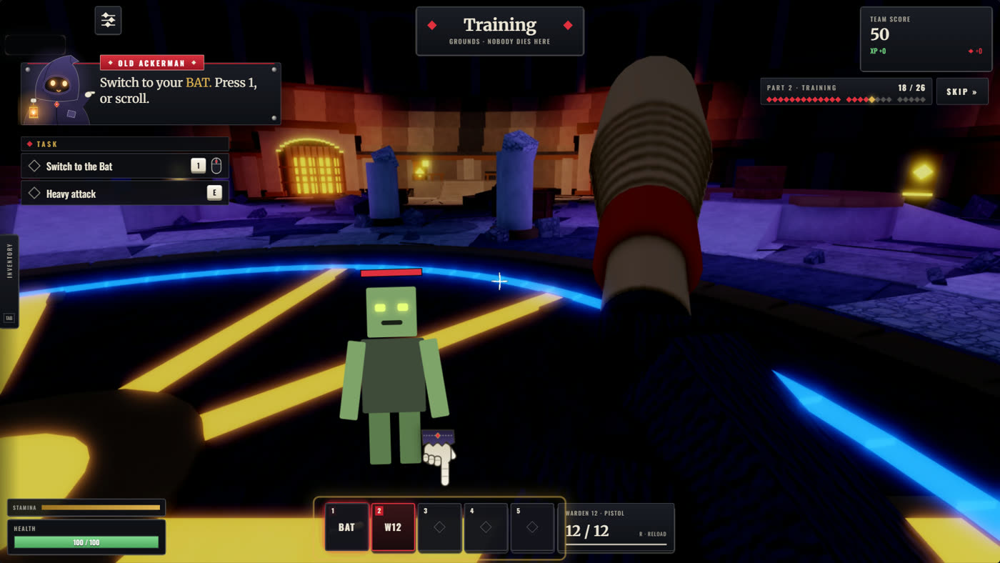 The Training Grounds: a Ghoul up close, the hotbar highlighted and the task 'Switch to the Bat, heavy attack'