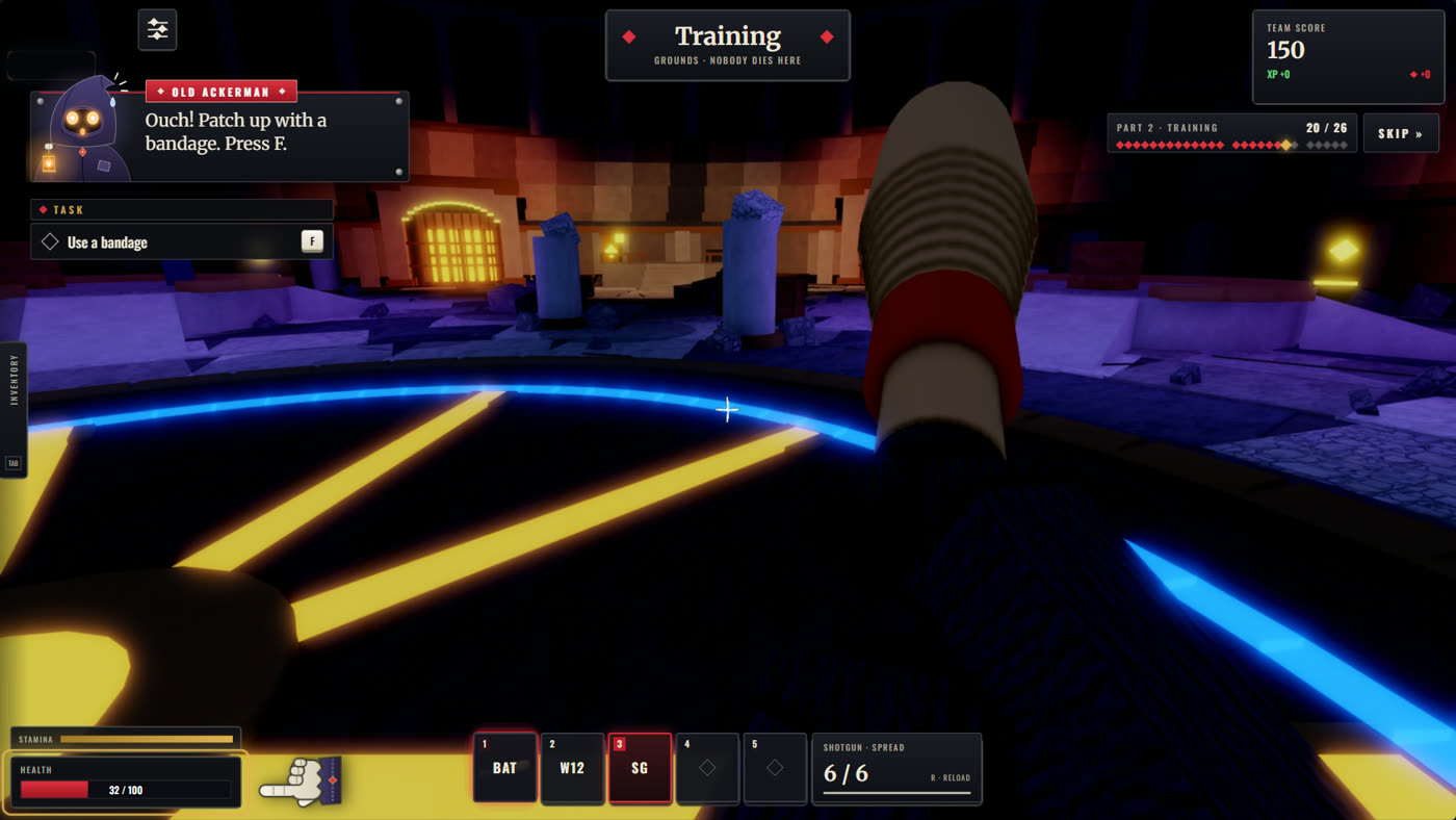 Health down to 32 with a pointer on the health bar and Old Ackerman saying 'Ouch! Patch up with a bandage. Press F.'