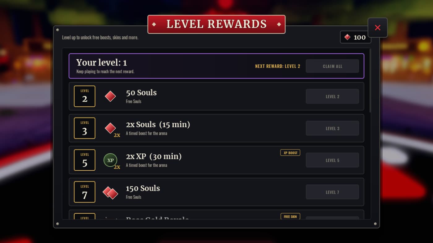 The Level Rewards menu listing Souls and boosts unlocked at levels 2, 3, 5 and 7