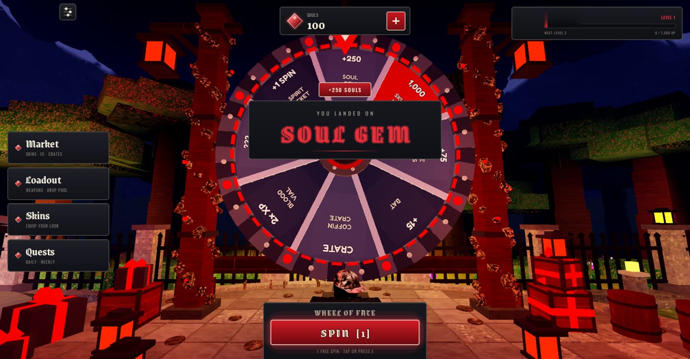 The Wheel of Fate in the lobby showing the result card YOU LANDED ON SOUL GEM