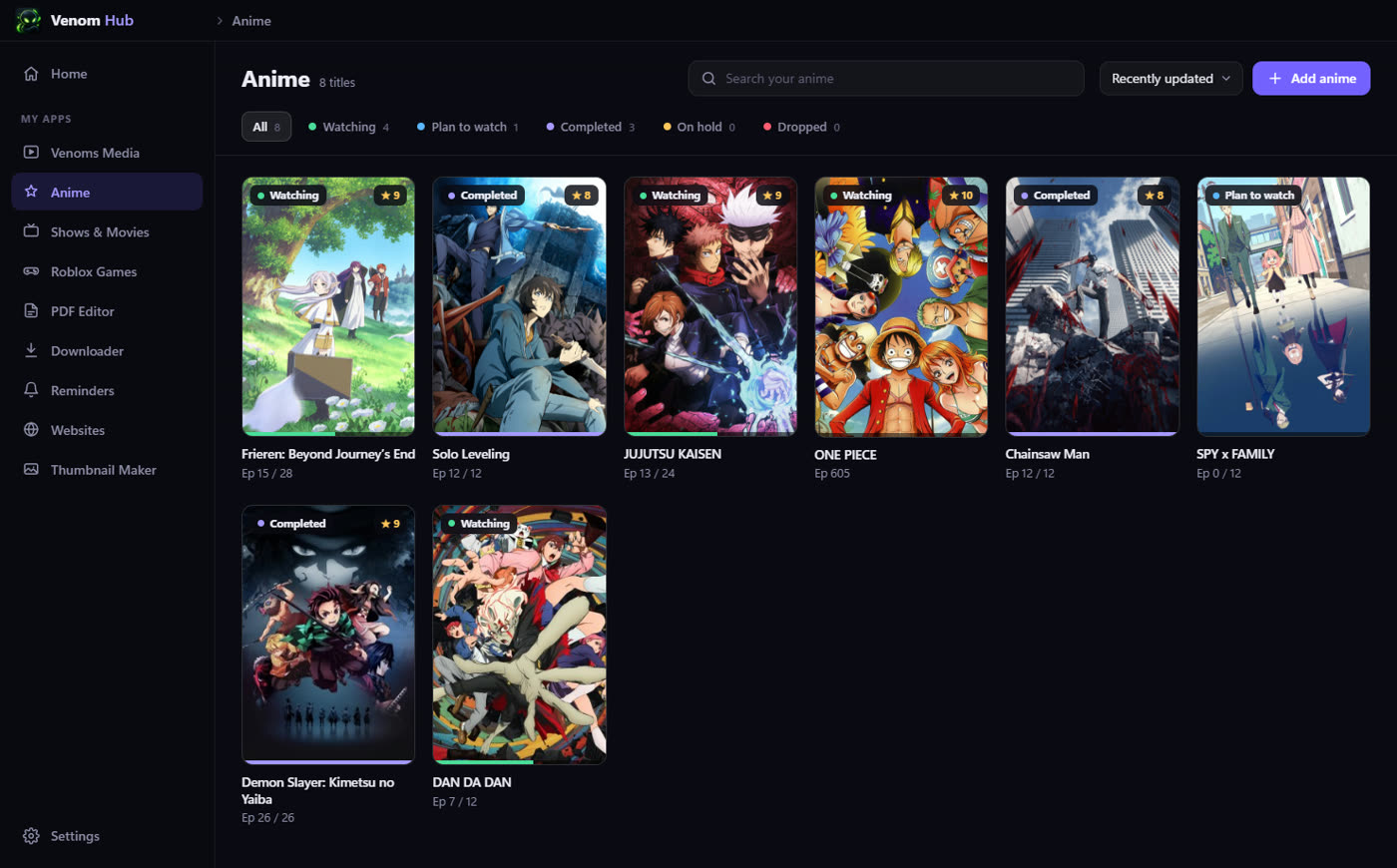 Anime watchlist: a grid of anime posters with status, rating and episode progress