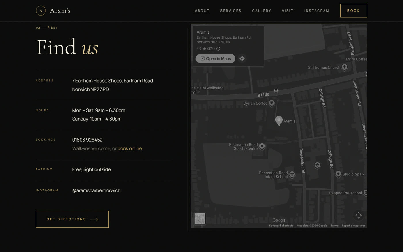 Aram's visit section with address, hours, parking and a map